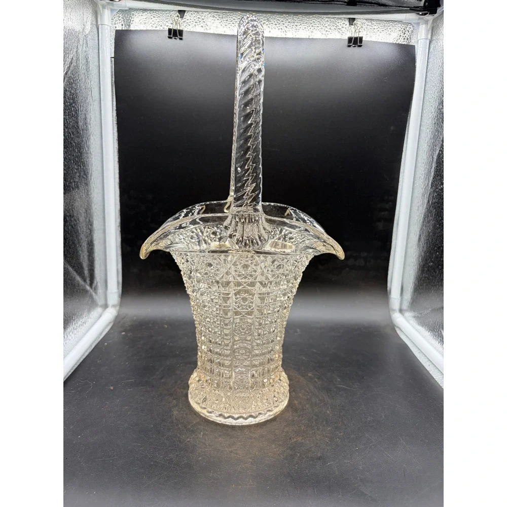 Vintage Clear Pressed Glass Basket Twisted Handle Diamond Starburst 13.5in